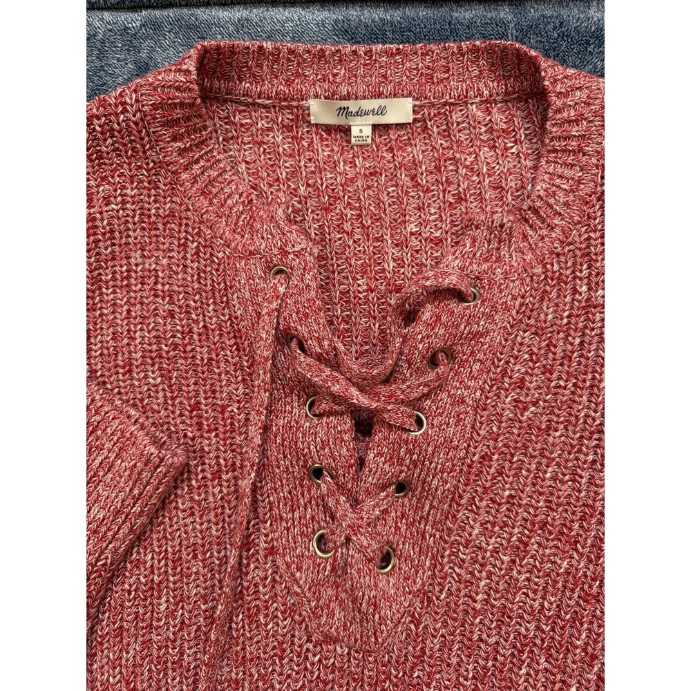 Madewell Sweater Lace Up Fisherman‎ Small Red Marled Chunky Knit Coastal